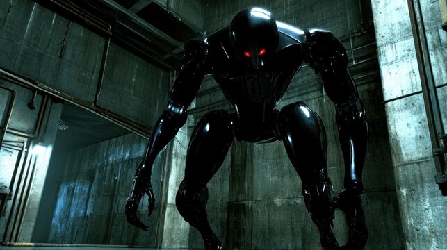 Black robot stalking in dark industrial hallway