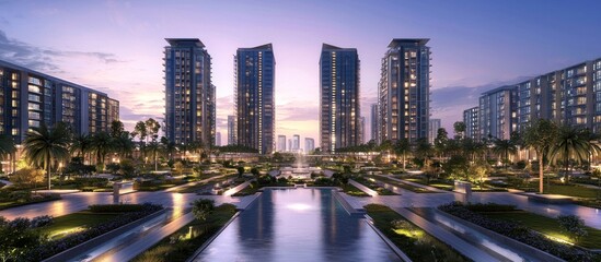 Obraz premium Dusk view of luxury apartments, reflecting pool, landscaped gardens, city skyline; real estate marketing