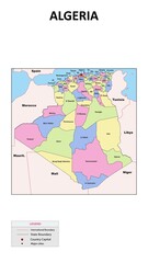 Algeria Map. State and union territories of Algeria with neighbouring countries. Political map of Algeria with capital and important cities in Detailed.
