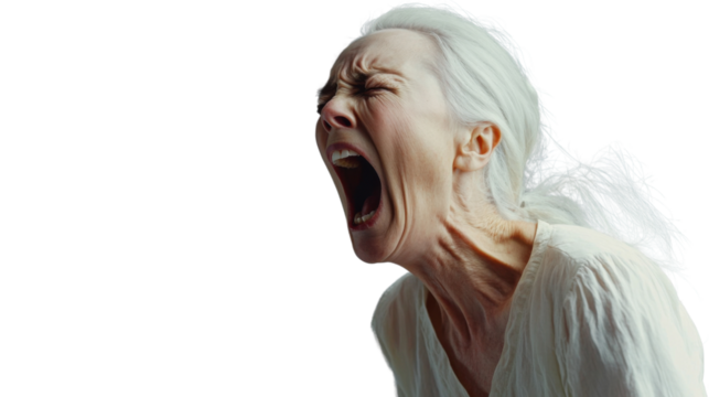 Senior woman shouting with transparent background: expressing extreme emotion