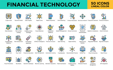 Financial Technology icon set with crypto vault, payment shield, data insights, digital coins, mobile payments, online banking, fintech revolution icon. Simple lineal color vector 
