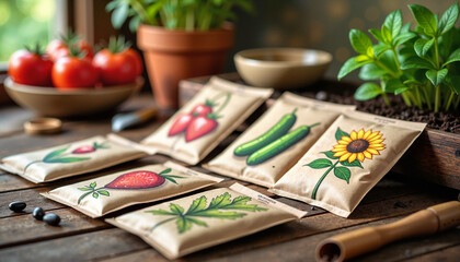 Spring Gardening – Fresh Vegetables, Seeds, and Tools on a Wooden Table