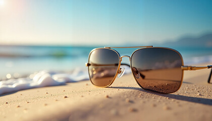Sunglasses on a Sandy Beach – Summer Vacation Mood with Sun and Ocean View