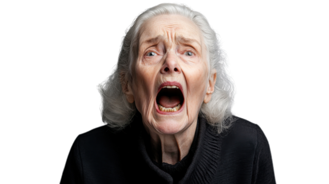 Senior woman shouting with transparent background: expressing fury and emotion