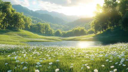 Fototapeta premium A peaceful landscape with rolling hills and calm waters evokes harmony and balance The modern bright tone enhances serenity while the blurred empty space invites reflection and endless possibilities