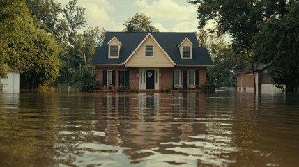 Fototapeta premium Flooded Suburban Home, Floodwater, Residential Area, Storm Damage, Insurance Claim