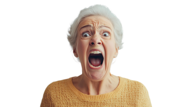 Senior woman shouting with transparent background: expressing fury and emotion