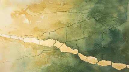 Obraz premium A surreal watercolor landscape of a deep river carving through cracked, golden earth, creating a stunning blend of textures and colors