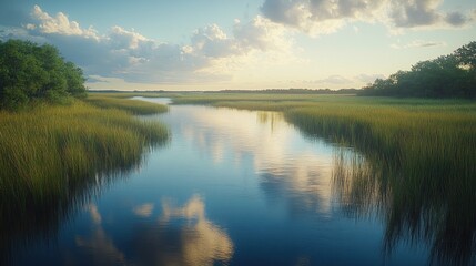 Fototapeta premium Serene sunset marsh river reflection aerial nature landscape