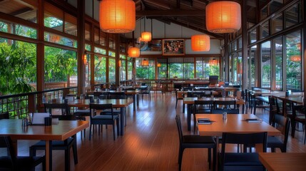 Empty Modern Japanese Restaurant Interior With Wooden Tables And Dark Chairs