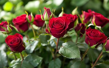 A bunch of red roses are in a garden