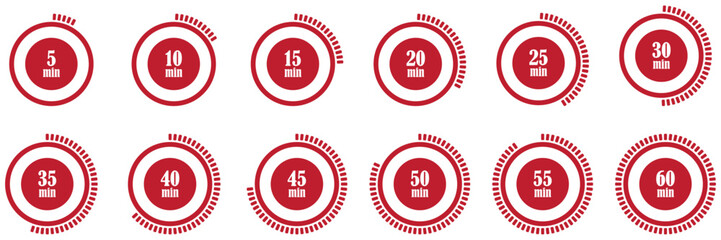 Minutes timer collection set from 5 to 60 minutes. Stopwatch and timer icons. Sport speed chronometer set. Set of stopwatches and countdown timers. Timer, clock, stopwatch icons. Vector illustration 