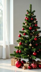 Christmas tree with ornaments in a minimalist space, refined, elegant