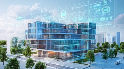 Smart city building design, futuristic architecture, urban landscape, digital overlay, marketing