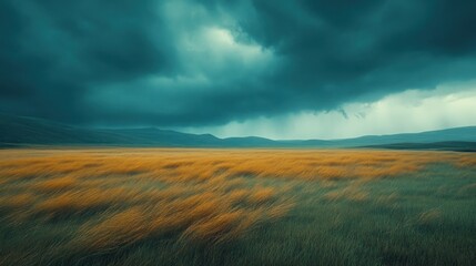 Stormy field, windswept grass, dramatic sky, rain approaching, landscape