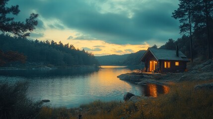 Fototapeta premium Lakeside cabin sunset, tranquil forest, peaceful evening, nature escape
