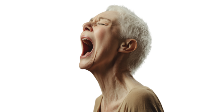 Senior woman shouting with transparent background: expressing fury and emotion