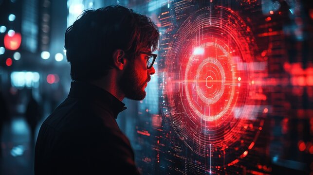 Man viewing futuristic interface, city night, data analysis, tech advert