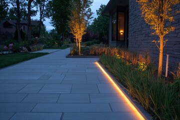 Obraz premium Evening garden pathway illuminated by soft lights, surrounded by lush greenery and trees