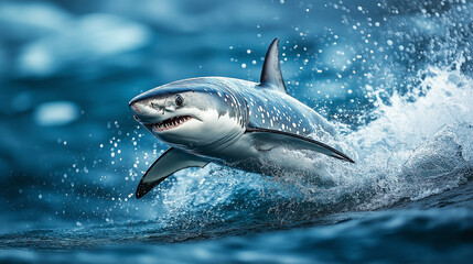Fototapeta premium A powerful great white shark breaching the ocean surface with water splashing around, showcasing its strength, agility, and dominance in the wild marine environment under a cloudy sky