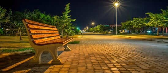 Night park bench, paved path, trees, lights