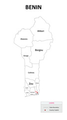Benin Map. State and district map of Benin. Administrative map of Benin with states and boundaries in white color.