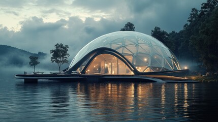 Obraz premium Futuristic glass dome house on lake at dusk