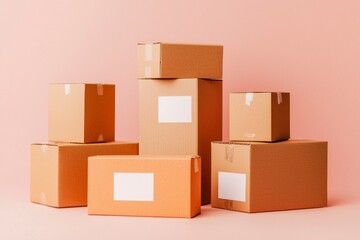 Obraz premium Stacked cardboard boxes in various sizes against a soft pink background, ideal for packaging concepts