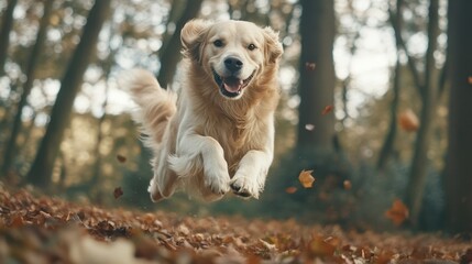 Golden Retriever Leaping Leaves