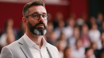 Fototapeta premium Leadership conference keynote speaker engaging audience seminar hall professional event inspiring environment close-up