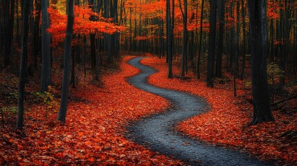 Fototapeta premium Serene winding path through vibrant autumn forest with fallen leaves and colorful trees