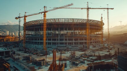 Naklejka premium Stadium construction, city skyline, sunset, cranes, progress