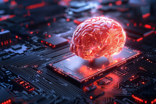 glowing digital brain sits on circuit board, symbolizing integration of artificial intelligence with technology for energy optimization
