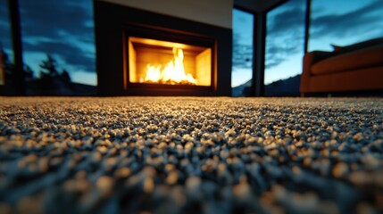 Fototapeta premium Cozy carpet near fireplace, sunset view