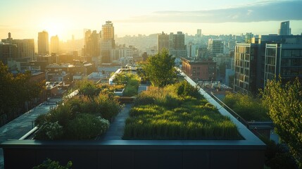 Fototapeta premium Rooftop garden sunset cityscape sustainable urban design