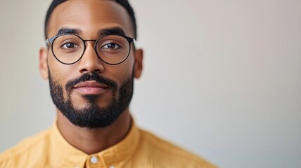 Confident young man portrait indoor studio photography neutral background eye-level personal branding concept