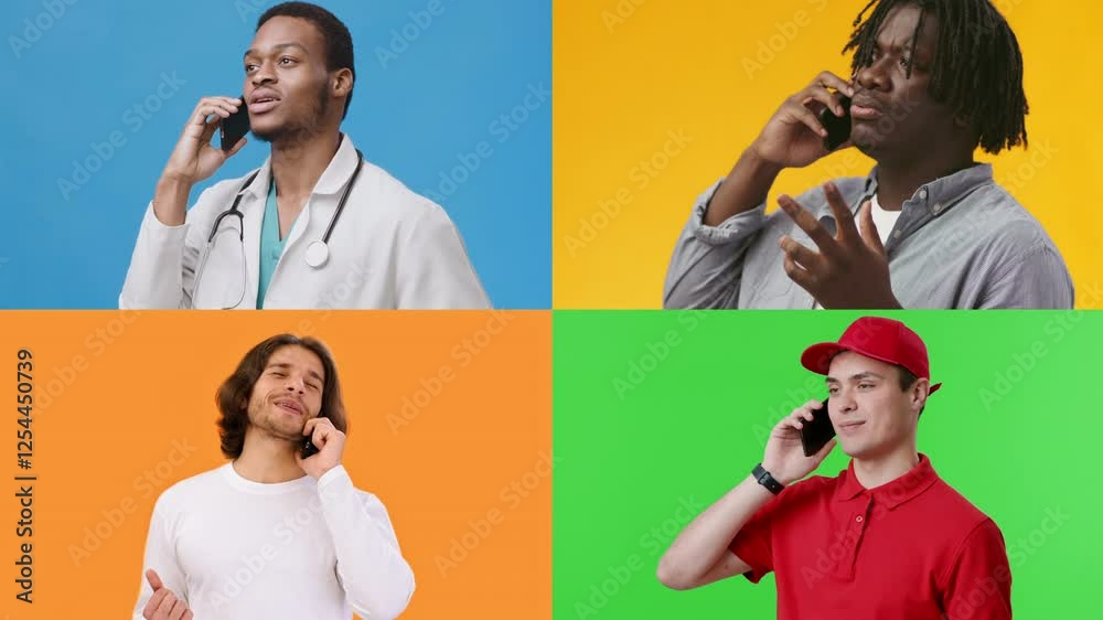 Poster four people of different backgrounds are talking on their phones. they are positioned in separate qu