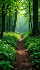 Obraz premium Dense undergrowth lining a winding forest path, wilderness, nature, dirt