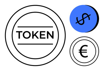 Circular shapes containing TOKEN, a crossed-out dollar sign, and a euro symbol. Ideal for finance, digital currency, global economy, blockchain, electronic transactions, financial exclusion modern