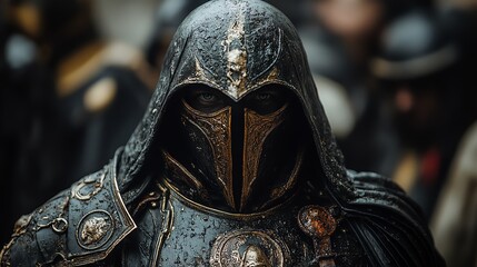 Fototapeta premium A mysterious figure in dark, ornate armor stands solemnly in the rain, embodying the essence of ancient warrior culture and mystique