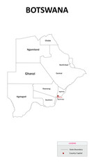 Botswana Map. State and district map of Botswana. Administrative map of Botswana with states and boundaries in white color.