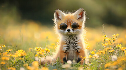 Cute Baby Fox In Sunglasses In A Field Of Flowers