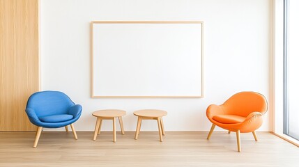 Modern minimalist interior featuring blue and orange chairs with empty wall for artwork display