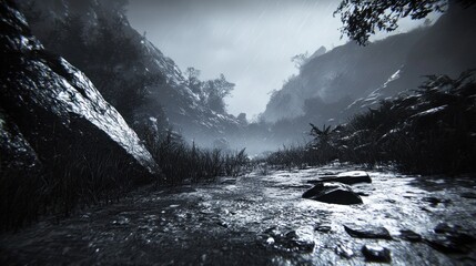 Monochrome jungle path, misty valley background, game asset