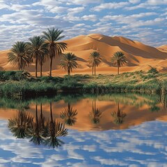 Oasis reflection, desert palms, dunes, blue sky, travel brochure