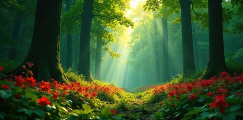 Obraz premium Emerald forest canopy with scarlet sunlit flowers against a backdrop of towering green trees, forest landscape, nature