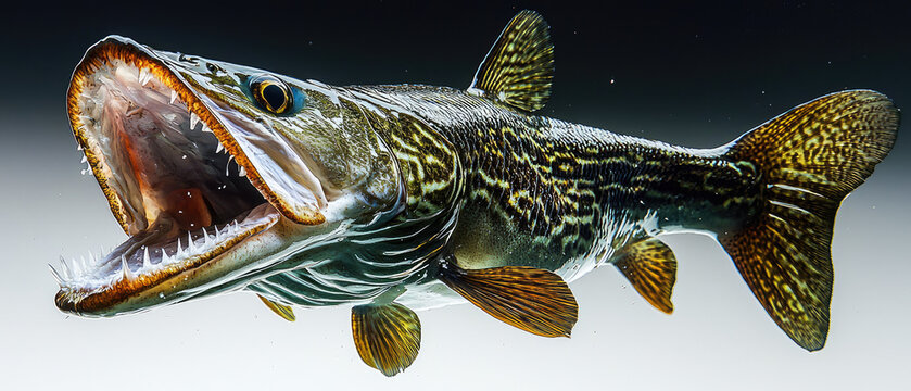 Lively freshwater fish with open mouth swimming in clear water, showcasing vibrant colors and details