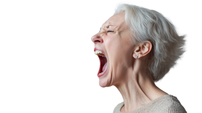 Senior woman shouting with transparent background: expressing extreme emotion - Powered by Adobe