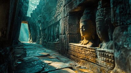 Obraz premium Sunlit Angkor Wat corridor, ancient stone carvings, jungle backdrop, travel tourism