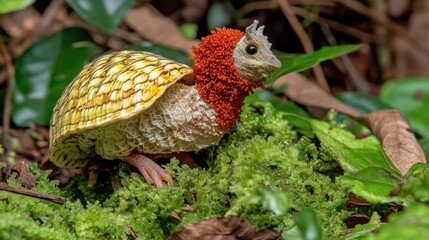 Fototapeta premium Tropical bird-snail hybrid walking rainforest moss